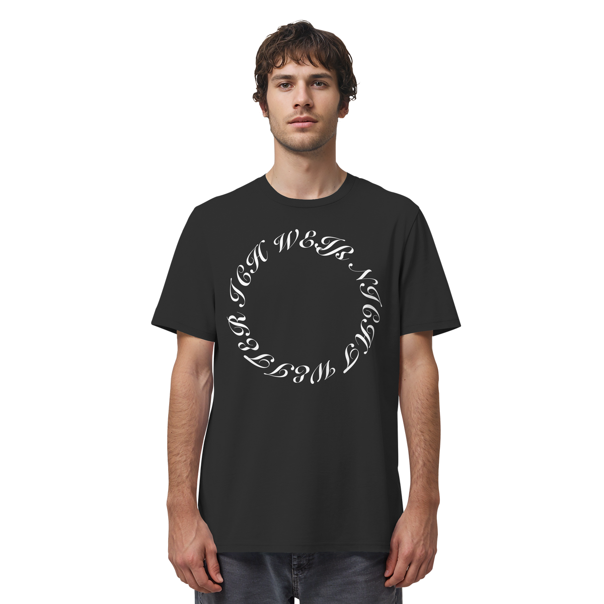 Mann trägt „Ich weiß nicht weiter“ Meme Shirt in Schwarz, Vorderansicht