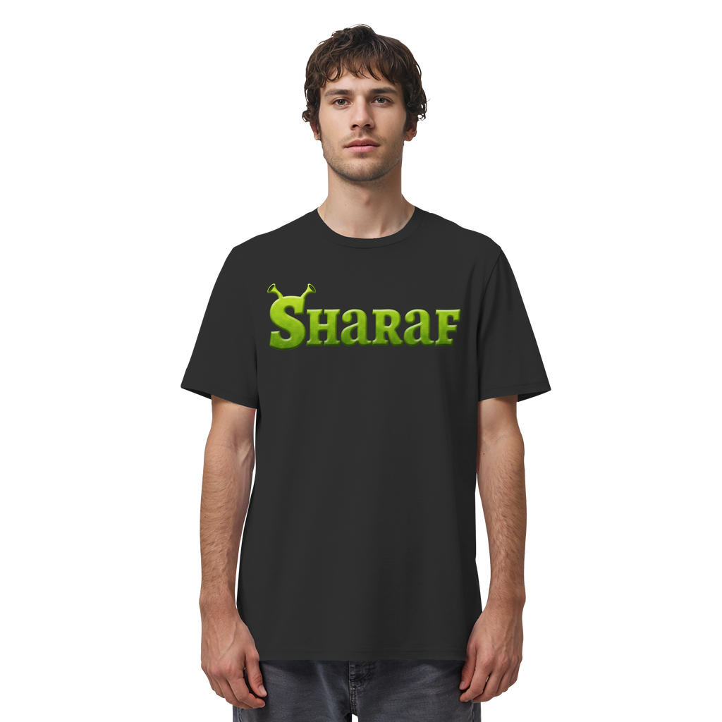 Mann trägt BINIT OHNE ODER MIT SHARAF Meme Shirt in Schwarz, Vorderansicht