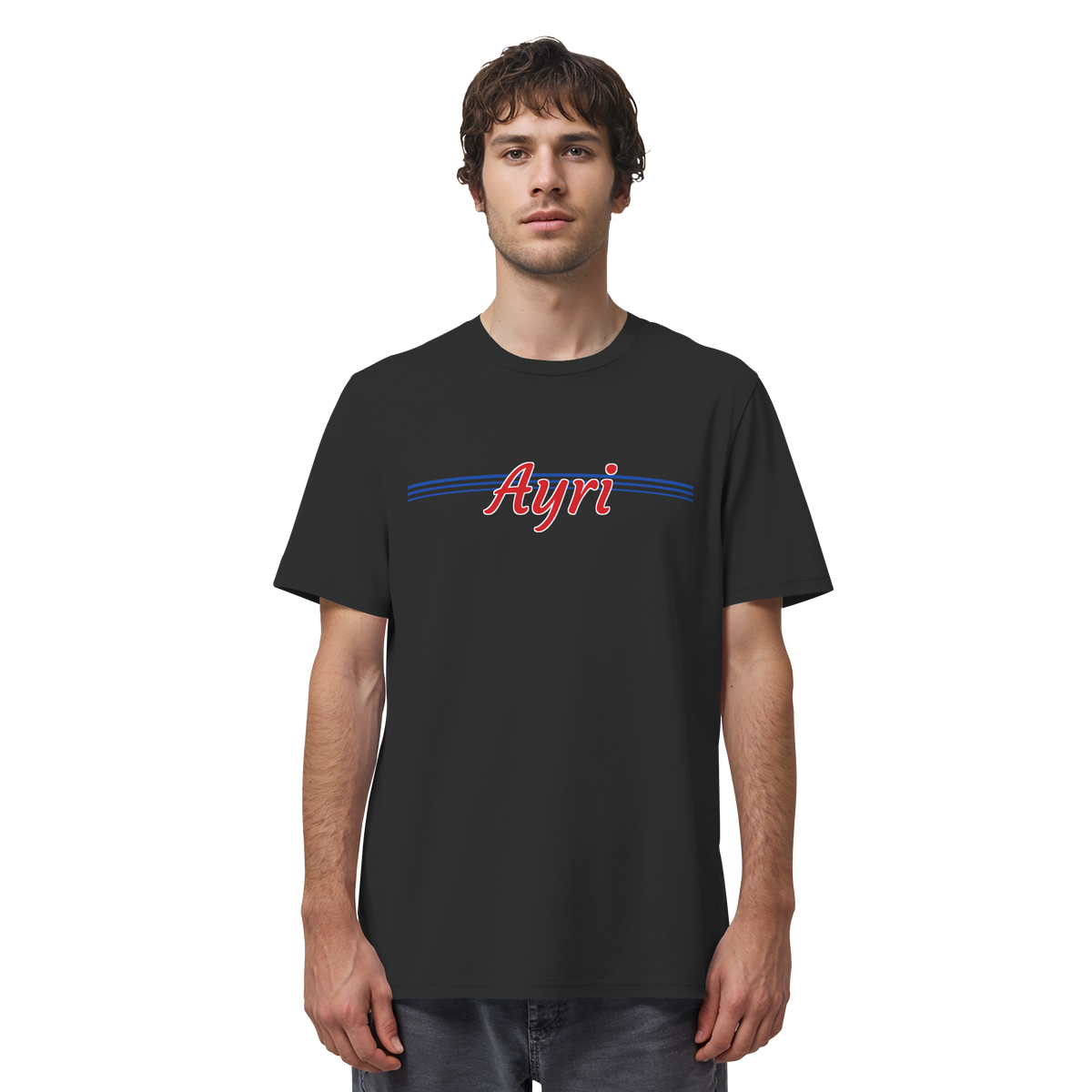 Mann trägt AYRI AYRAN Meme Shirt in Schwarz, Vorderansicht