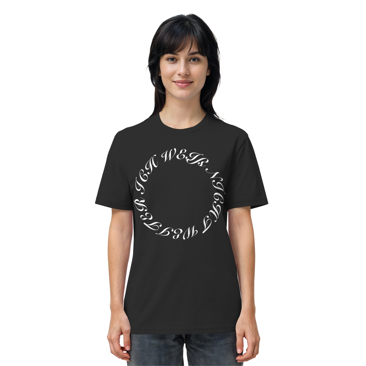 Frau trägt „Ich weiß nicht weiter“ Meme Shirt in Schwarz, Vorderansicht