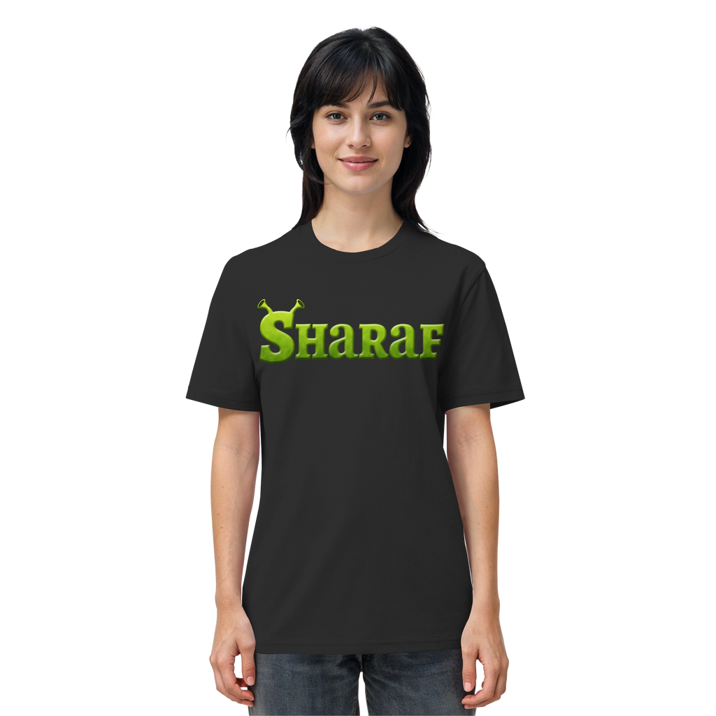 Frau trägt BINIT OHNE ODER MIT SHARAF Meme Shirt in Schwarz, Vorderansicht