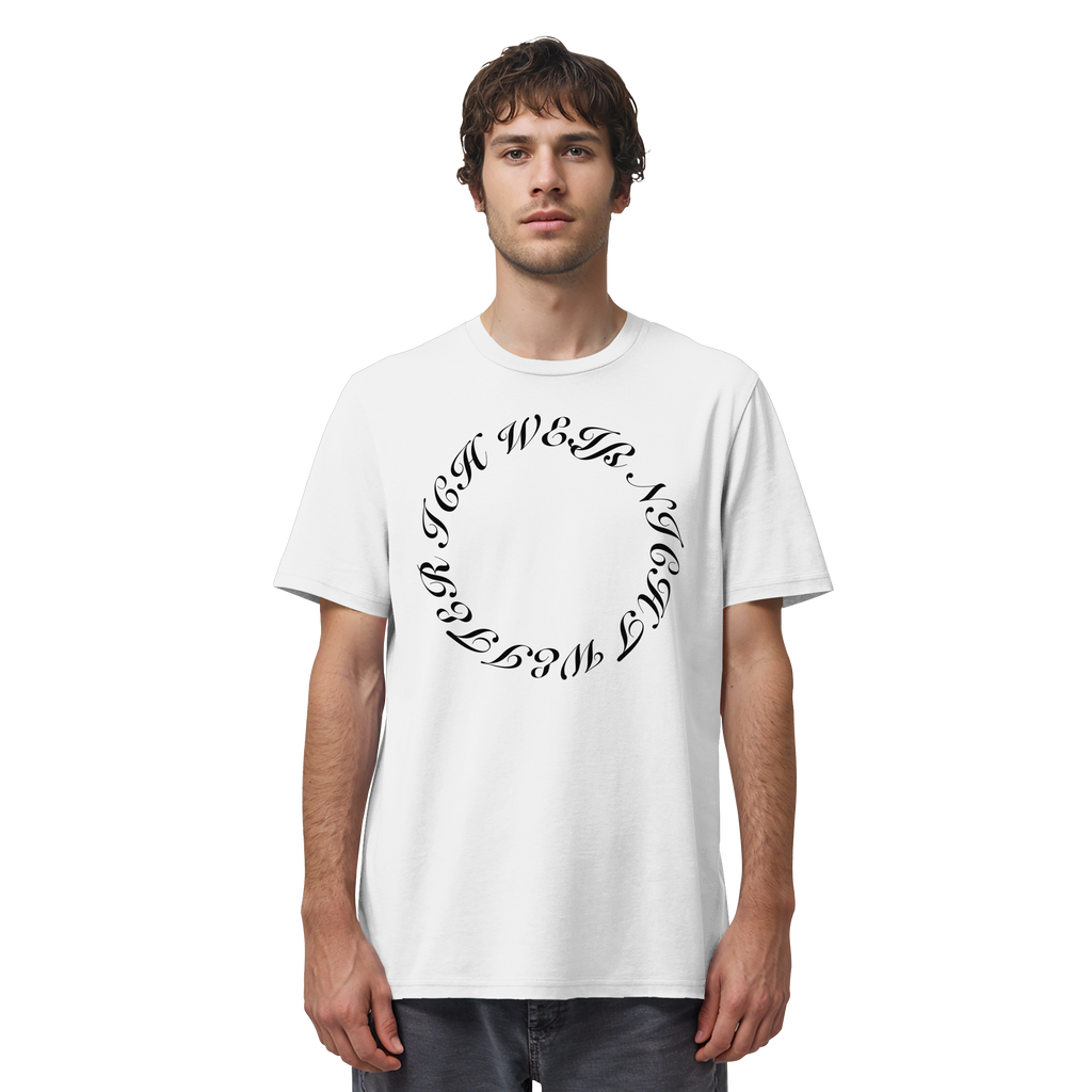 Mann trägt „Ich weiß nicht weiter“ Meme Shirt in Weiß, Vorderansicht