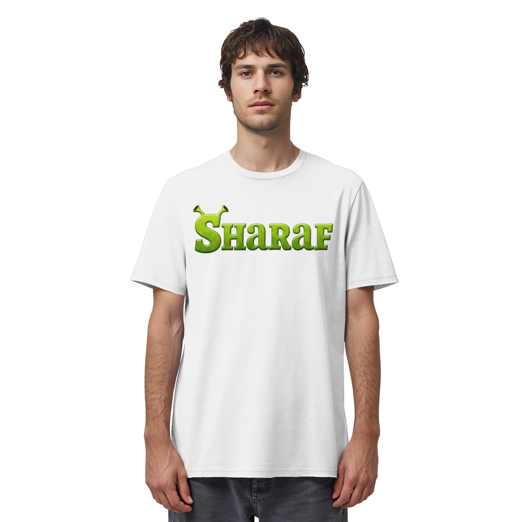 Mann trägt BINIT OHNE ODER MIT SHARAF Meme Shirt in Weiß, Vorderansicht