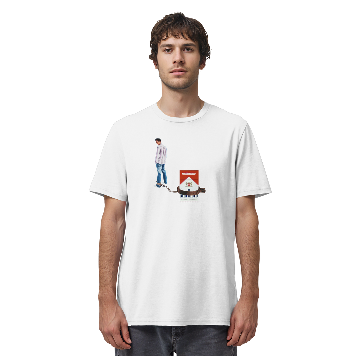 Mann trägt KIPPEN KETTE Meme Shirt in Weiß, Vorderansicht