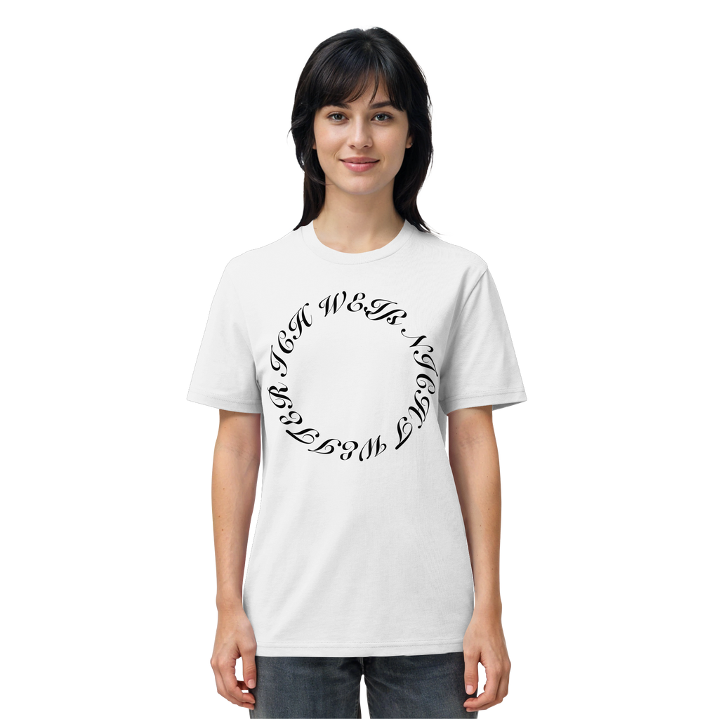 Frau trägt „Ich weiß nicht weiter“ Meme Shirt in Weiß, Vorderansicht