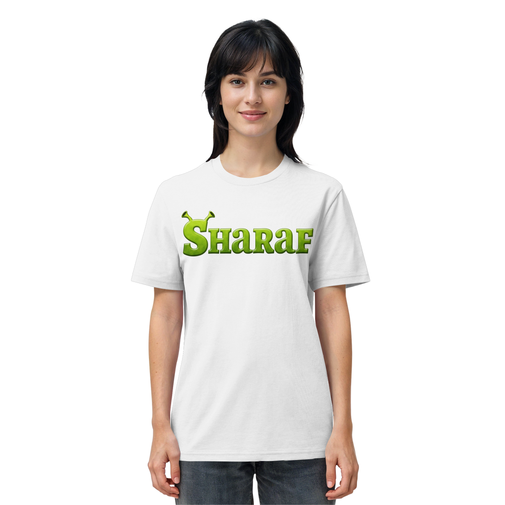 Frau trägt BINIT OHNE ODER MIT SHARAF Meme Shirt in Weiß, Vorderansicht
