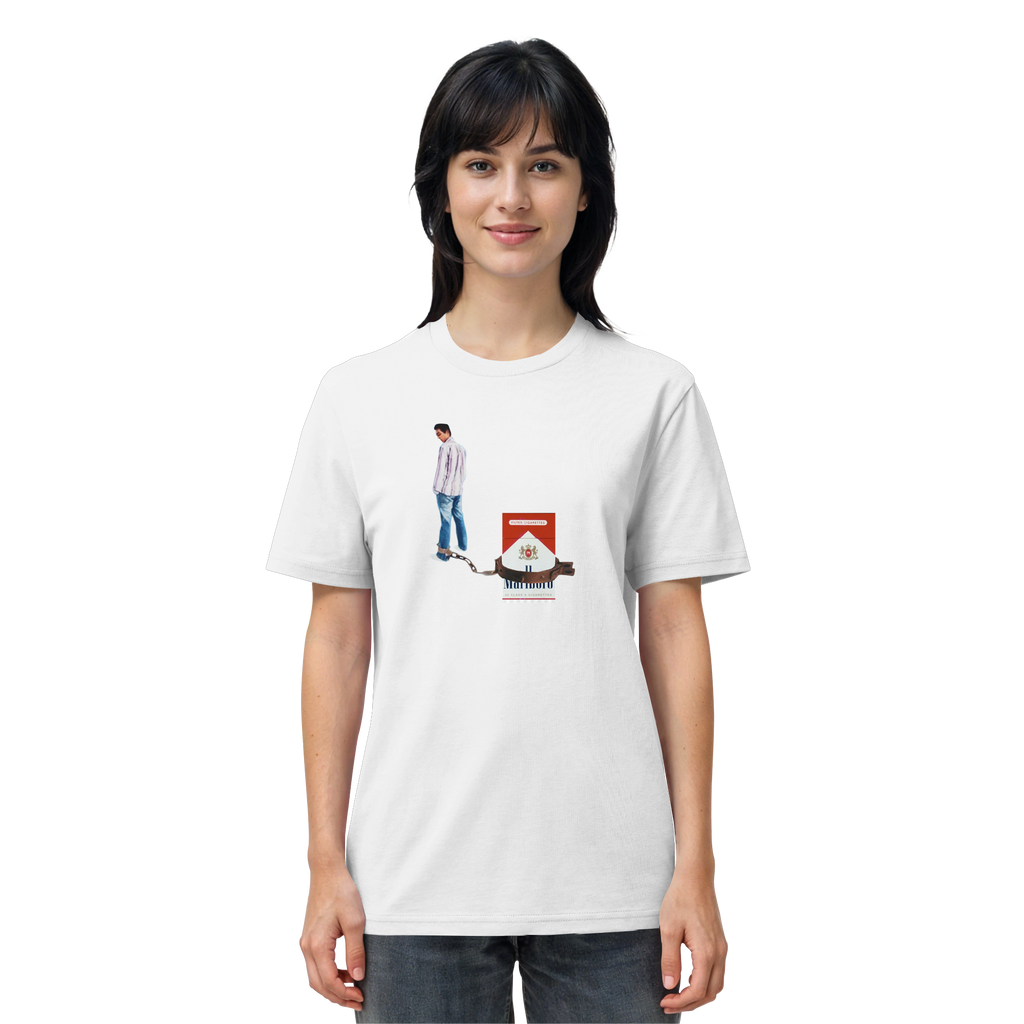 Frau trägt KIPPEN KETTE Meme Shirt in Weiß, Vorderansicht
